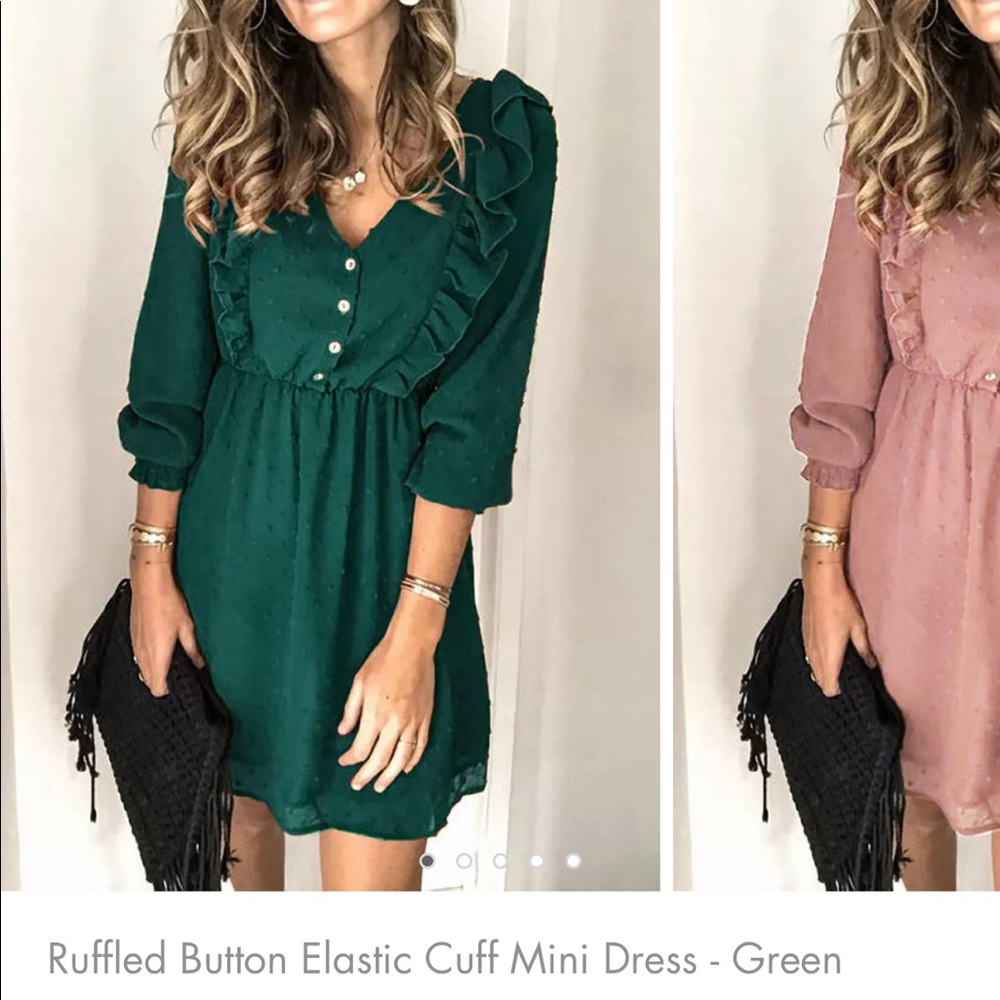 Ruffled button elastic mini dress green large